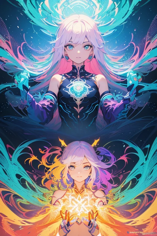 (masterpiece, best quality:1.2),(concept art、fractal art:1.5) ,(flat color:1.2),(2D:1.3),(fluorescence colour:1.5,colorful:1.2),fluorescence multicolored hair、looking at viewer,1Goddess,beautiful face,Gentle face,solo,upper body,floating colorful fluorescent lines,vivid color、fractal art、Symmetrical、
Mysterious atmosphere、liberation from oppression