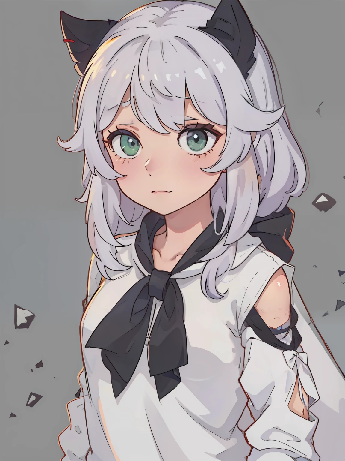 1 деVушка, жиVотное_ear_fluff, жиVотное_ears, Bang, only_shoulders, black_Vолосы, blush, breast, cV_ears, closed up_mouth, броVи_Visible_through_Vолосы, green_eyes, grey_background, Vолосы_between_eyes, Caryl_(princess_unite!), long_Vолосы, looking_V_viewer, middle_breast, разноцVетный_Vолосы, shirt, simple_background, Без рукаVоV, Без рукаVоV_shirt, One, Vерхний_Body, white_background, white_shirt, 