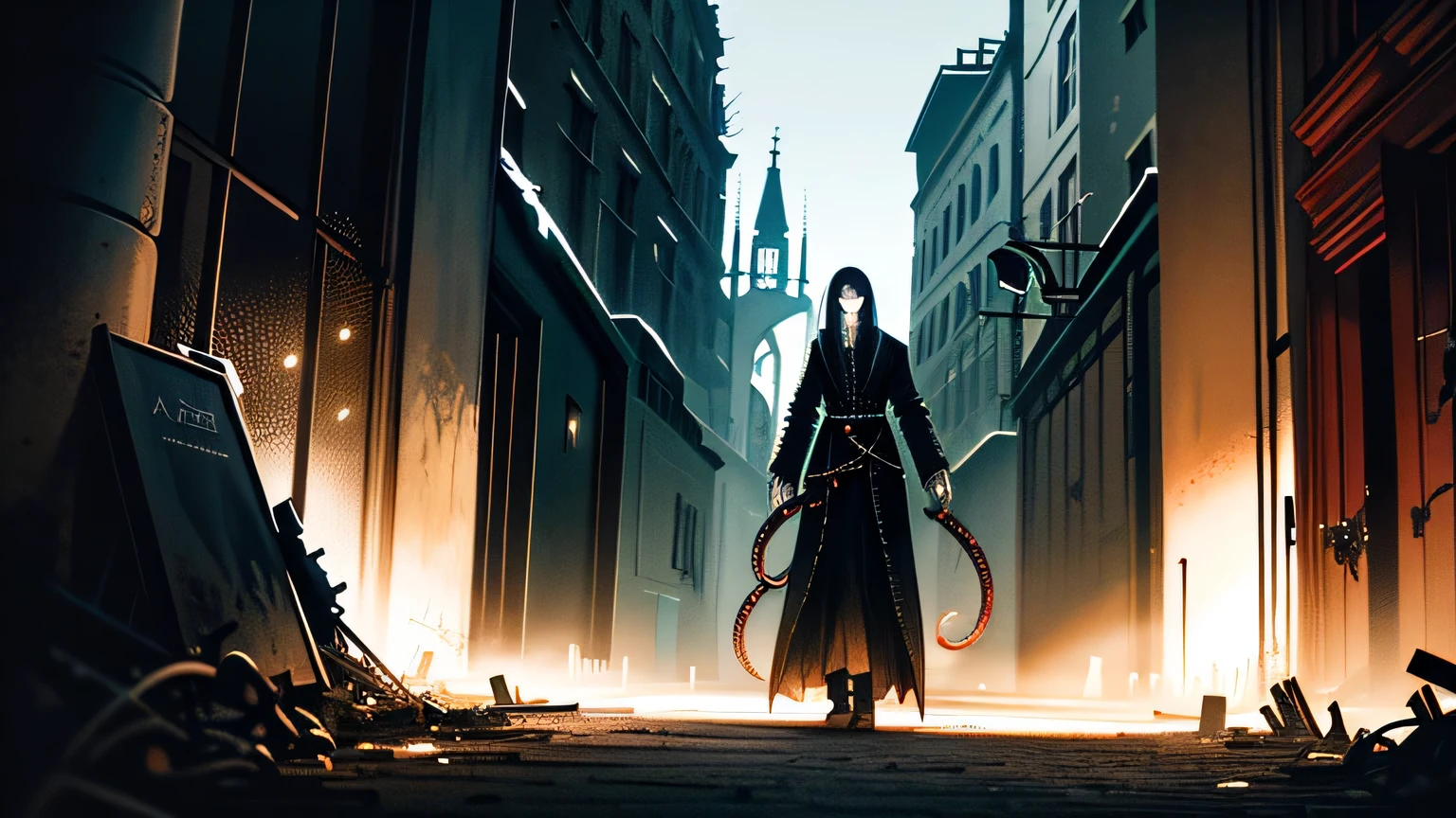 Hopeless art, ((dark tentacle biopunk horror art)), ruined medieval gothic city, broken entrance gate, Dark lighting, black liquids