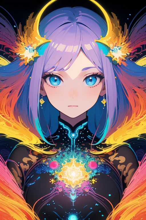 (masterpiece, best quality:1.2),(concept art、fractal art:1.5) ,(flat color:1.2),(2D:1.3),(fluorescence colour:1.5,colorful:1.2),fluorescence multicolored hair、looking at viewer,1Goddess,beautiful face,Gentle face,solo,upper body,floating colorful fluorescent lines,vivid color、fractal art、Symmetrical、
Mysterious  atmosphere、liberation from oppression