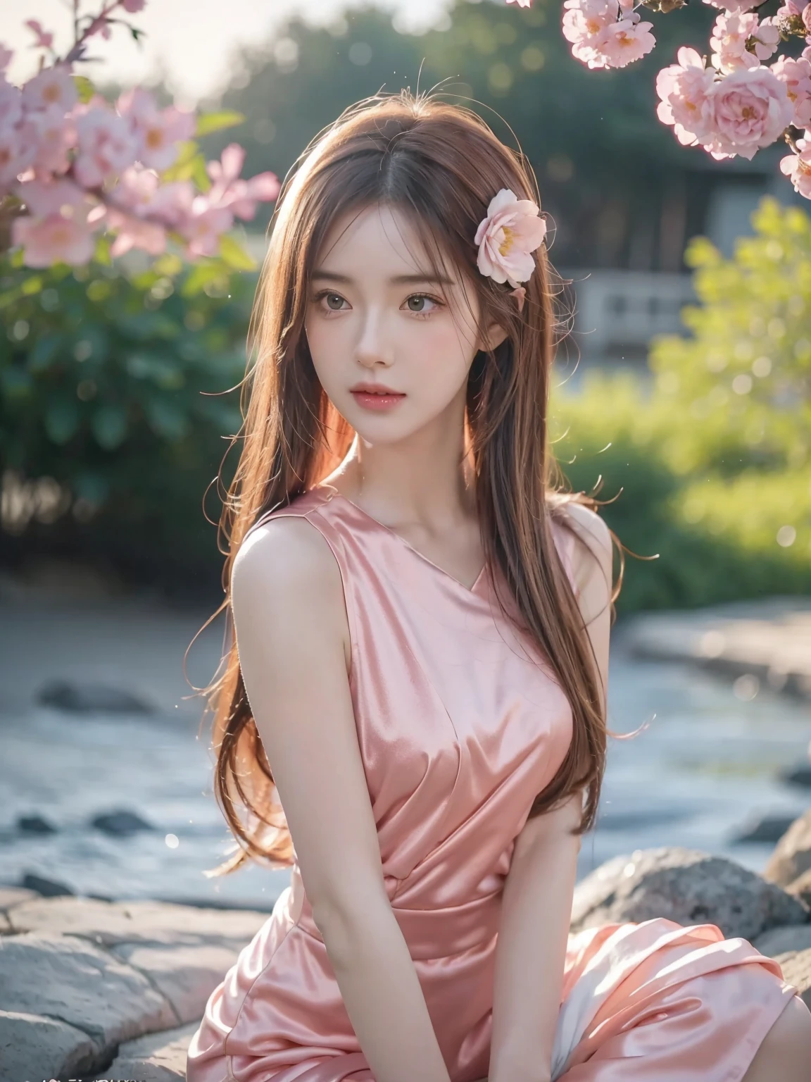 (8k, RAW photos, best quality, tmasterpiece:1.5), (realistic, photograph realistic:1.5), Nine snow-white fox tails (1.0), Milky white fox tail (1.0), Close-up of the nine-tailed fox, Nine tails, Nine tails, animemanga girl,A pink-haired,pinkdress,There are flowers on the hair, very Beautiful anime fox girl, Beautiful anime fox girl, Beautiful fantasy anime, guweiz, 狐狸耳朵的animemanga girl, 美丽的animemanga girl, Very beautiful and cute fox girl, pink flower rain, The background is blurred out, Anime style 4k, Anime fantasy artwork, 4k anime wallpapers, Gouves style artwork