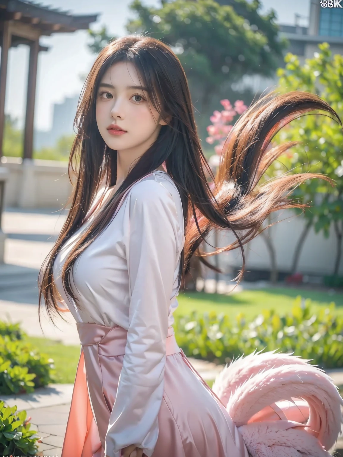 (8k, RAW photos, best quality, tmasterpiece:1.5), (realistic, photograph realistic:1.5), Nine snow-white fox tails (1.0), Milky white fox tail (1.0), Close-up of the nine-tailed fox, Nine tails, Nine tails, animemanga girl,A pink-haired,pinkdress,There are flowers on the hair, very Beautiful anime fox girl, Beautiful anime fox girl, Beautiful fantasy anime, guweiz, 狐狸耳朵的animemanga girl, 美丽的animemanga girl, Very beautiful and cute fox girl, pink flower rain, The background is blurred out, Anime style 4k, Anime fantasy artwork, 4k anime wallpapers, Gouves style artwork