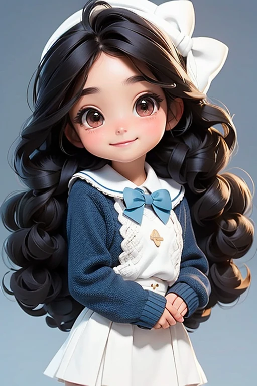 masterpiece, best quality, a cute mexican girl smiling, ((brunette), black curly hair, blue sweater, white hairbow, school uniform