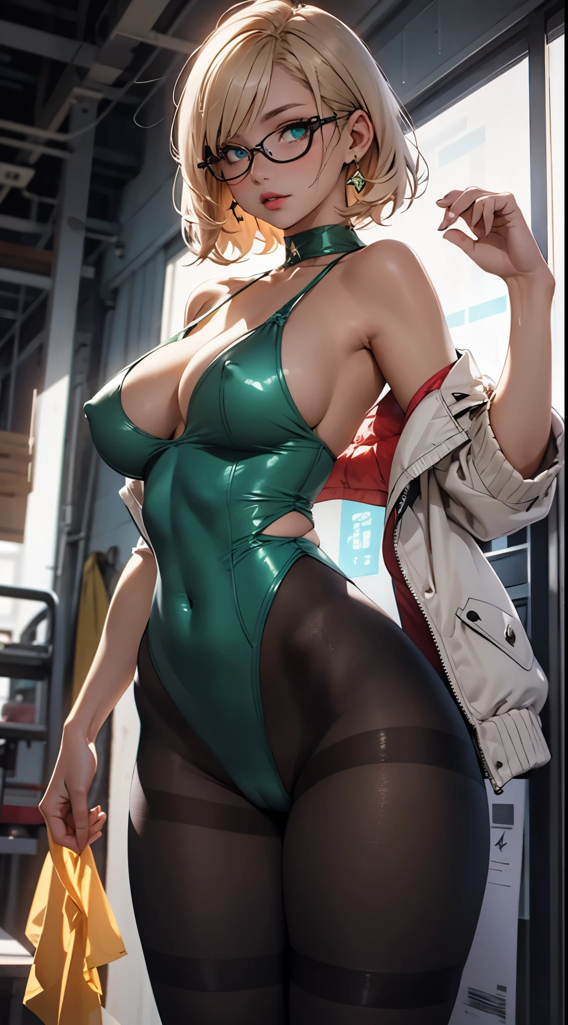 girl wearing a red g-string leotard reaching for viewer, short blonde hair with red streaks, short hair, no bangs, glossy lipstick, green-blue eyes, sideswept hair, glasses, highleg, g-string leotard, full body shot, toned body, anatomically_correct, high_res, high tension, stretched fabric, wedge, high_resolution, very_detailed, chocker, cameltoe, masterpiece, best quality, absurdres, highres, 4k, ray tracing, intricate details, highly detailed, nsfw, big breasts, huge ass, full_body, ultra sexy, brown pantyhose, very high detail, detailed clothing, detailed textures, full body in shot