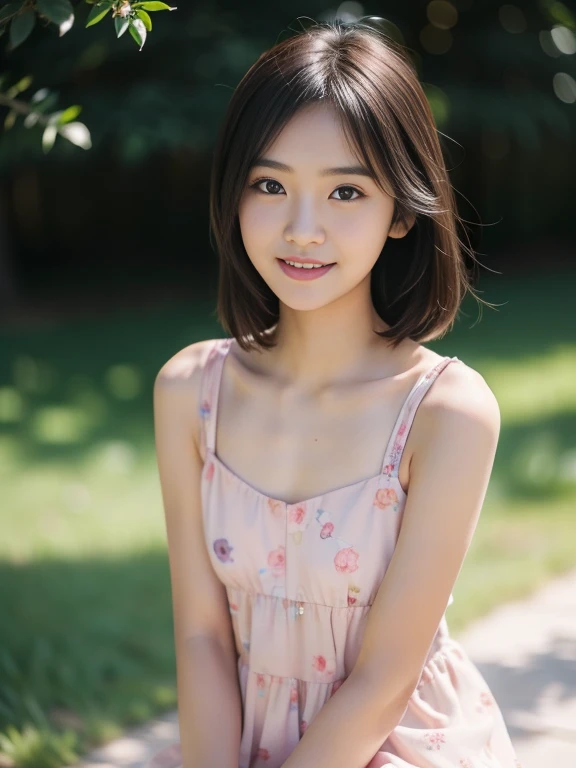 neat high school girl, small person, (Cute Sleeveless Dresses), (slim, small, flat, small), black haired, realistic, detailed, skin texture, ultra detail, clavicle, Smile with joy, 超detailedな顔, detailedな唇, fine eyes, 14 year old girl、delicate eyebrows、Ball bokeh background、(Looking at the photographer)、Colorful、Floral、beautiful decolletage、nffsw