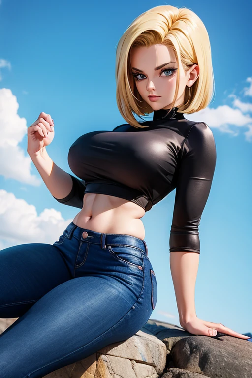 mulher baseada no personagem android 18, posando sozinha corpo todo, vestindo saia jeans curta top preto e jaqueta jeans, cabelo loiro, olhos azuis, lean chest, peitos grandes redondos empinados, cintura fina, quadril largo, bunda grande e redonda, coxas bem grossas.
