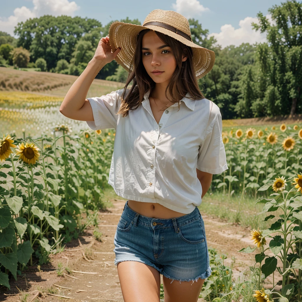 Generates an ultra-quality image of a European girl with light brown hair and an attractive physique dressed in jean shorts and a white shirt and a light brown hat walking through a field of sunflowers