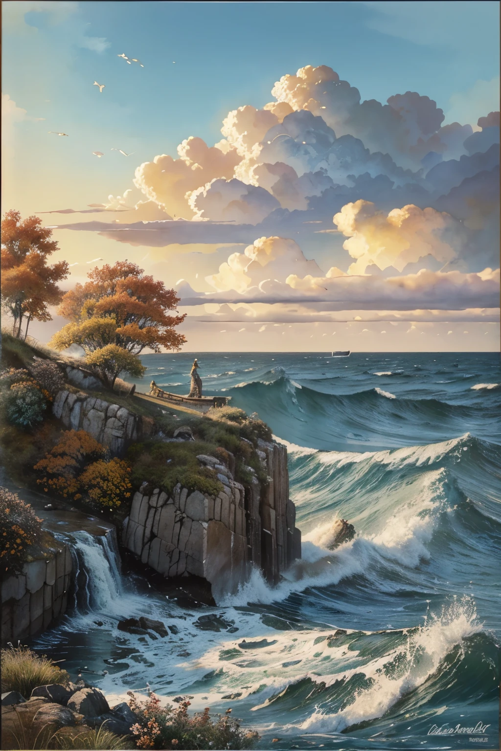 Jean Baptiste Monge style, raging sea, huge waves hitting rocks, fish jumping out of the water, large stones, clouds, autumn, autumn flowers, trees, watercolor, architectural drawing, punctuation, pen, [ink color], calligraphic lines, light tones, colored, intricate detailed
