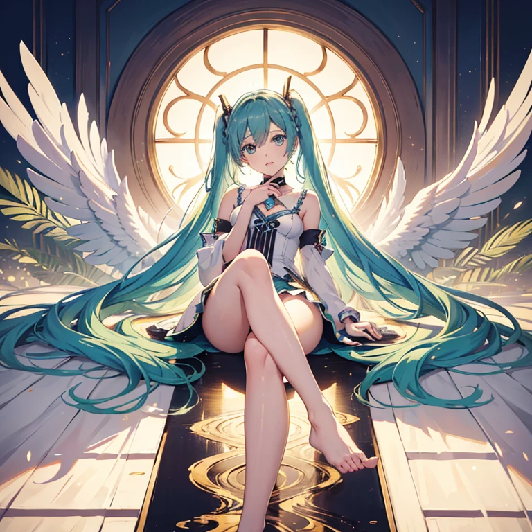 hatsune Miku、(ultra Realistic), (An illustration), (Highres), (8K), (highlydetailed), (the best illustration), (Beautiful Detailed Eyes), (beste Quality), (Super Detailed), (Master peace), (Wallpapers), (Detailed Face), solo, 1girl, Aristocratic dresses、White hair, Iris heterochromatic eyes, small moles under eye, medium chest, Long legs,Stunning composition,Foot braids,Beautiful and detailed legs