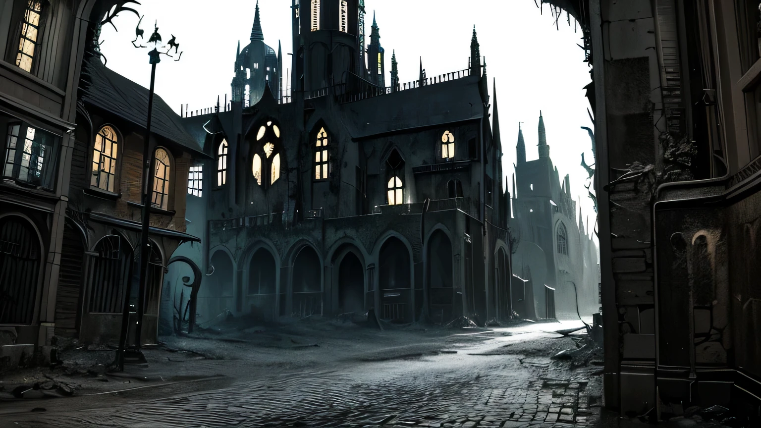 Hopeless biopunk art with tentacles, ((dark tentacle biopunk horror art)), ruined medieval gothic city, low single houses, broken entrance gate, Dark lighting, black liquids, very detailed art, very detailed background