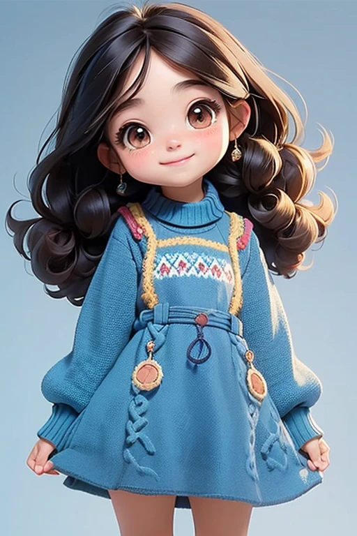 masterpiece, best quality, a cute loli mexican girl smiling, ((brunette)), curly hair, (((blue plain sweater))), blue pinafore dress
