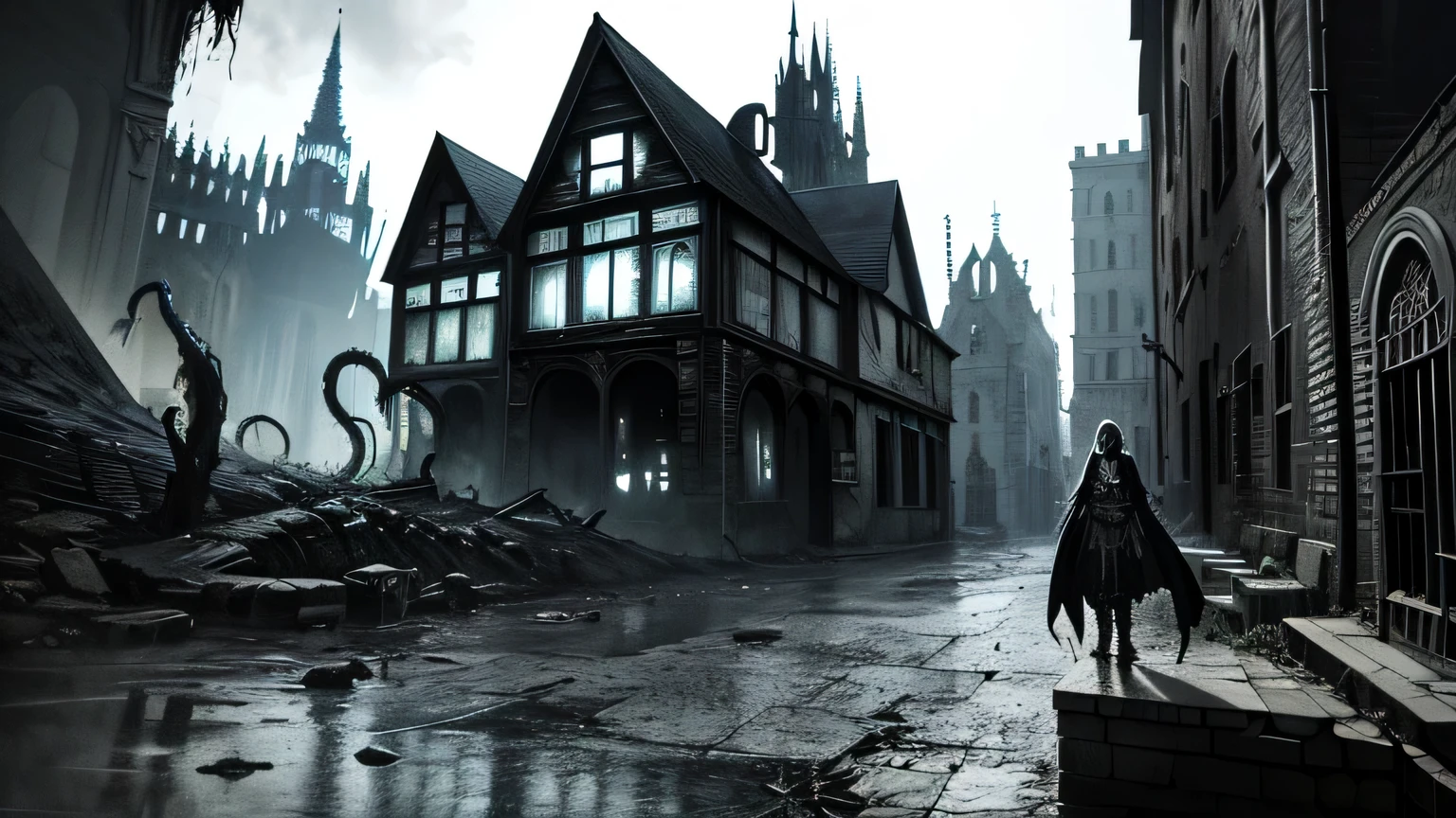 Hopeless biopunk art with tentacles, ((dark tentacle biopunk horror art)), ruined medieval gothic city, low single houses, broken entrance gate, Dark lighting, black liquids, very detailed art, very detailed background