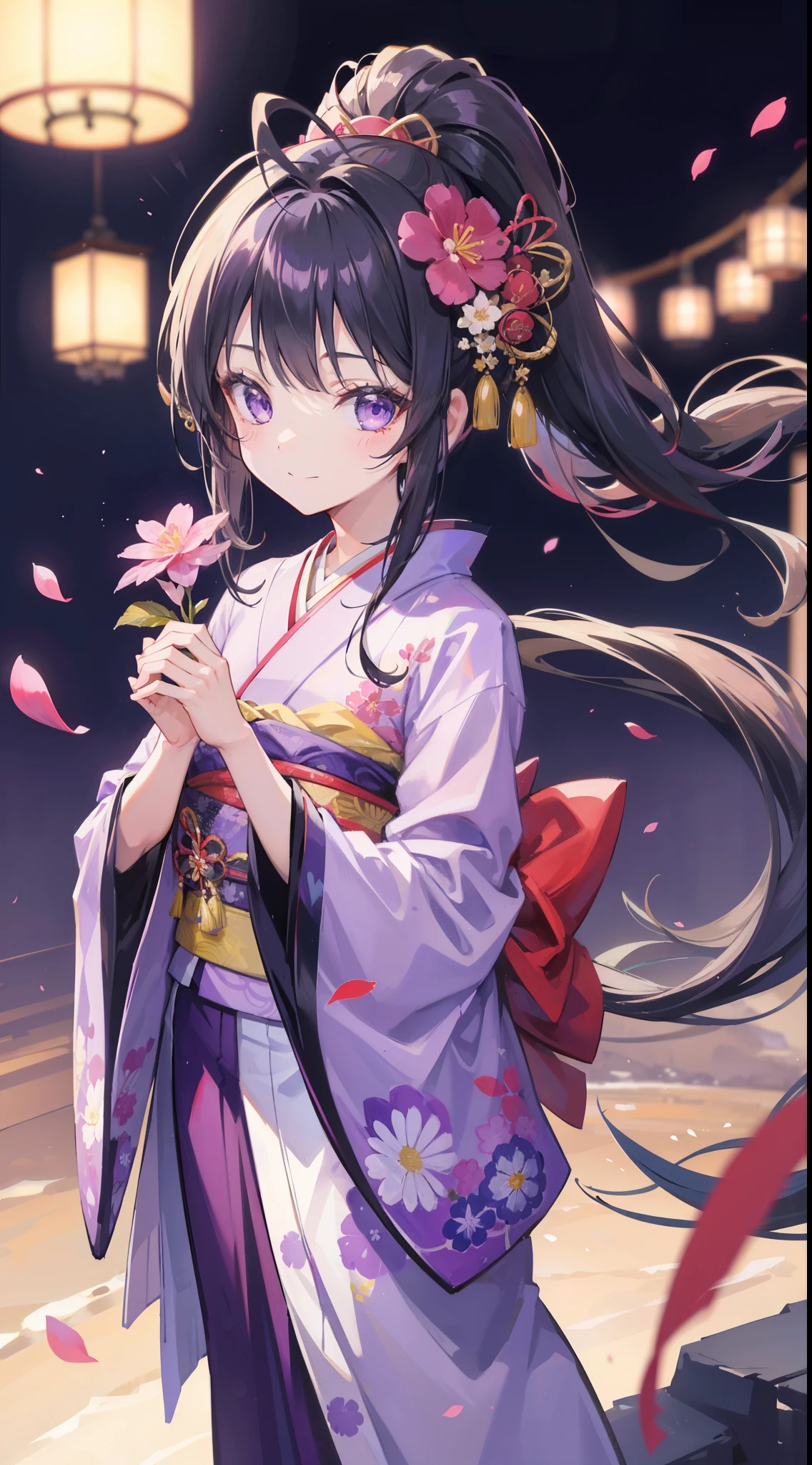 1girl, solo, long hair, looking at viewer, blush, smile, bangs, hair ornament, long sleeves, closed mouth, standing, full body, ponytail, flower, japanese clothes, hair flower, wide sleeves, kimono, chibi, blurry, sash, depth of field, blurry background, obi, antenna hair, high ponytail, pink flower, purple flower, purple kimono, zouri,