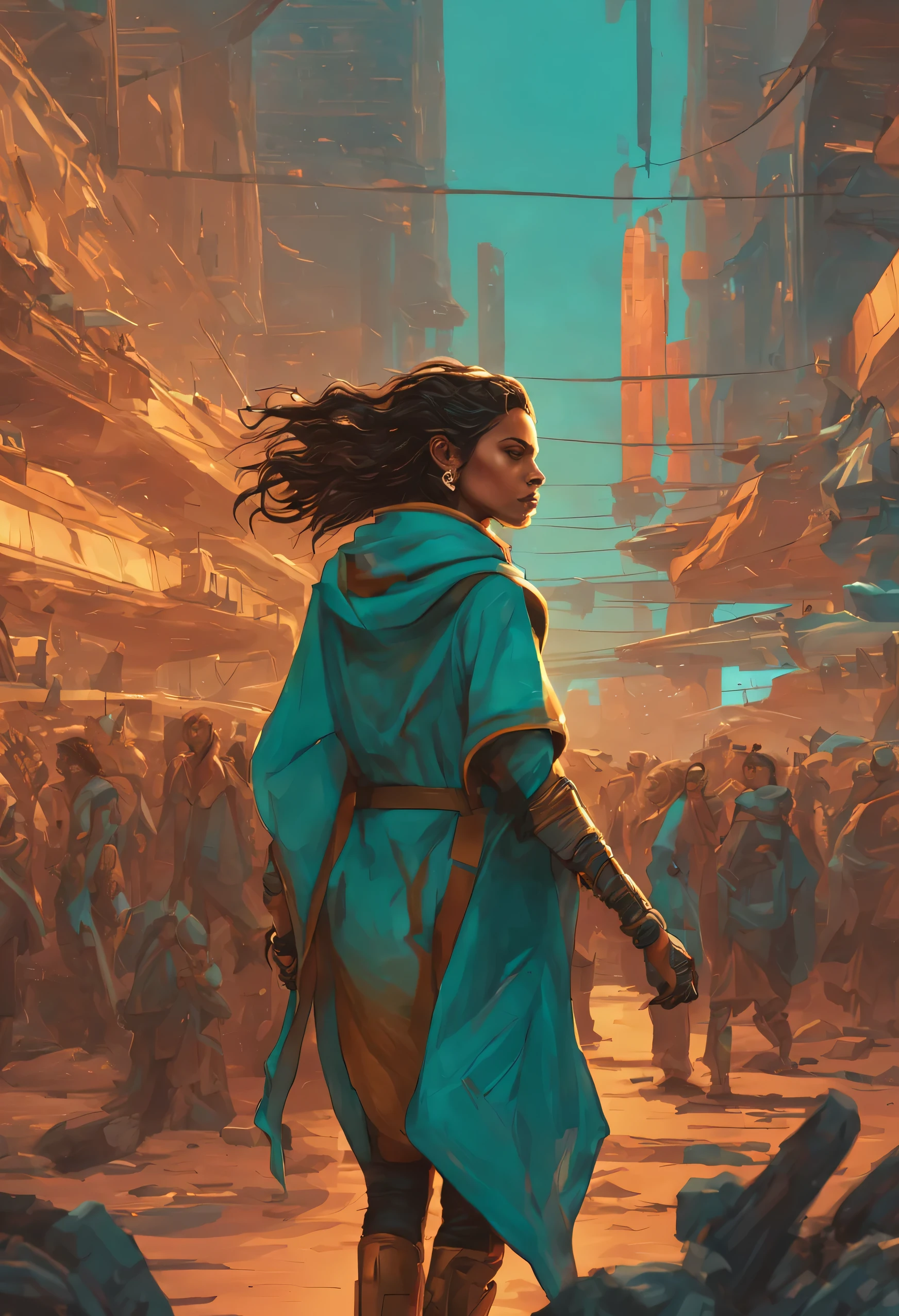 A cinematic marvel movie of a sci-fi pilot girl in a turquoise and teal cloak sprinting through a bustling cyberpunk city's parade crowd on Mars Tattooine. Fleeing from a relentless sci-fi bounty hunter under the dramatic, gritty golden hour glow of a space station city, using Realistic & detailed. - Futuristic & Sci-Fi - Glitch & Binary styles. --ar 16:9