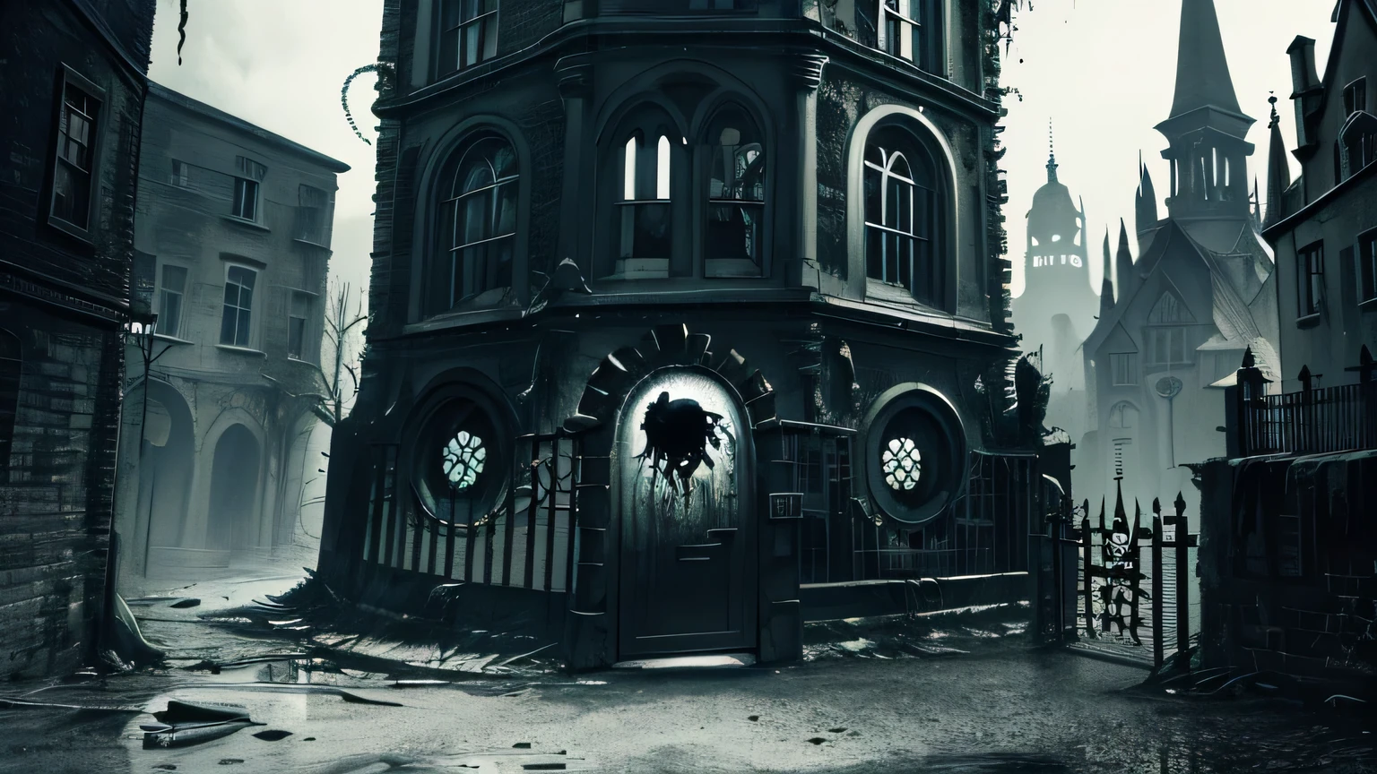 Hopeless biopunk art with tentacles, ((dark tentacle biopunk horror art)), ruined medieval gothic city, low single houses, broken entrance gate, Dark lighting, black liquids, very detailed art, very detailed background