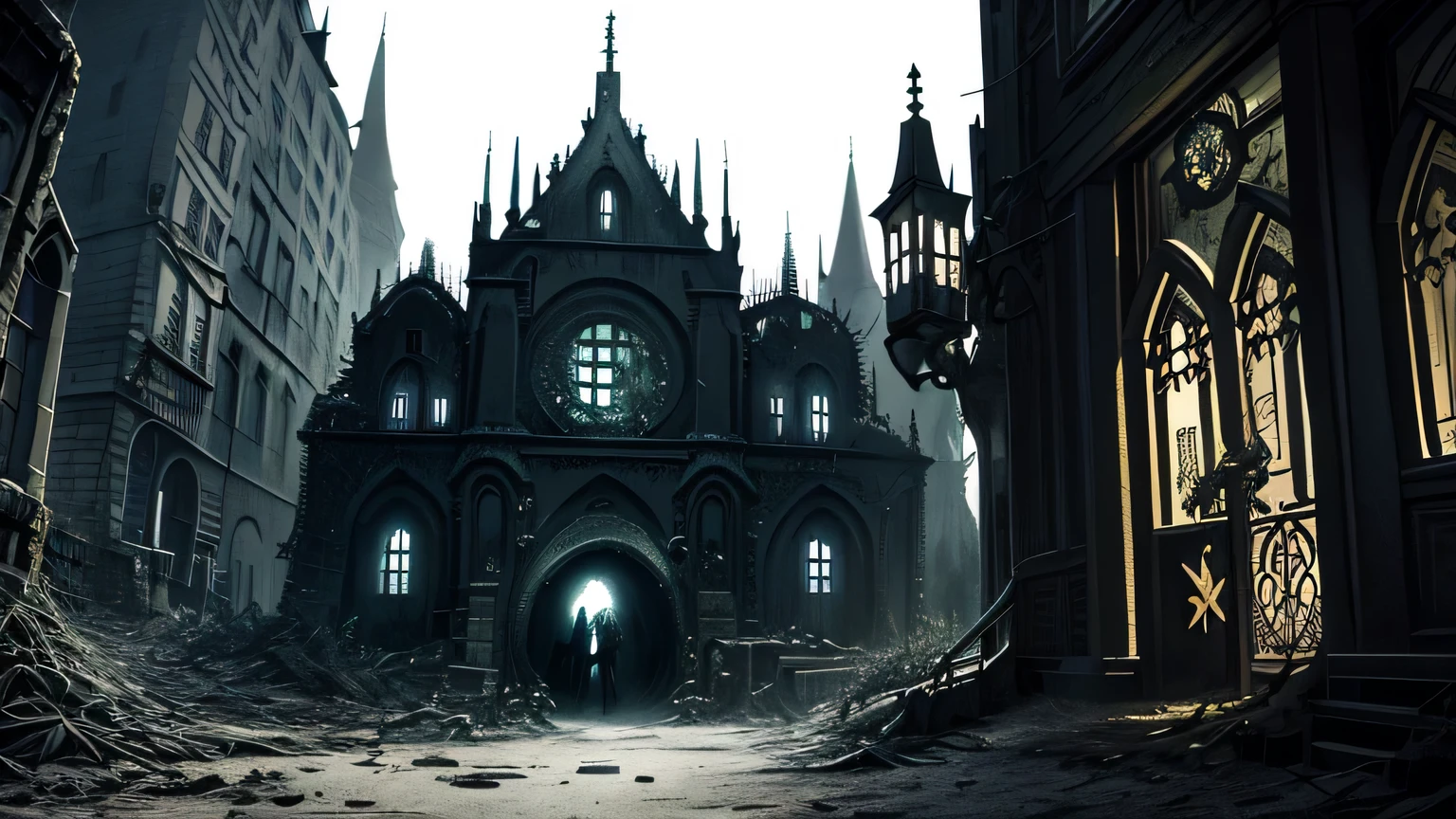 Hopeless biopunk art with tentacles, ((dark tentacle biopunk horror art)), ruined medieval gothic city, low single houses, broken entrance gate, Dark lighting, black liquids, very detailed art, very detailed background