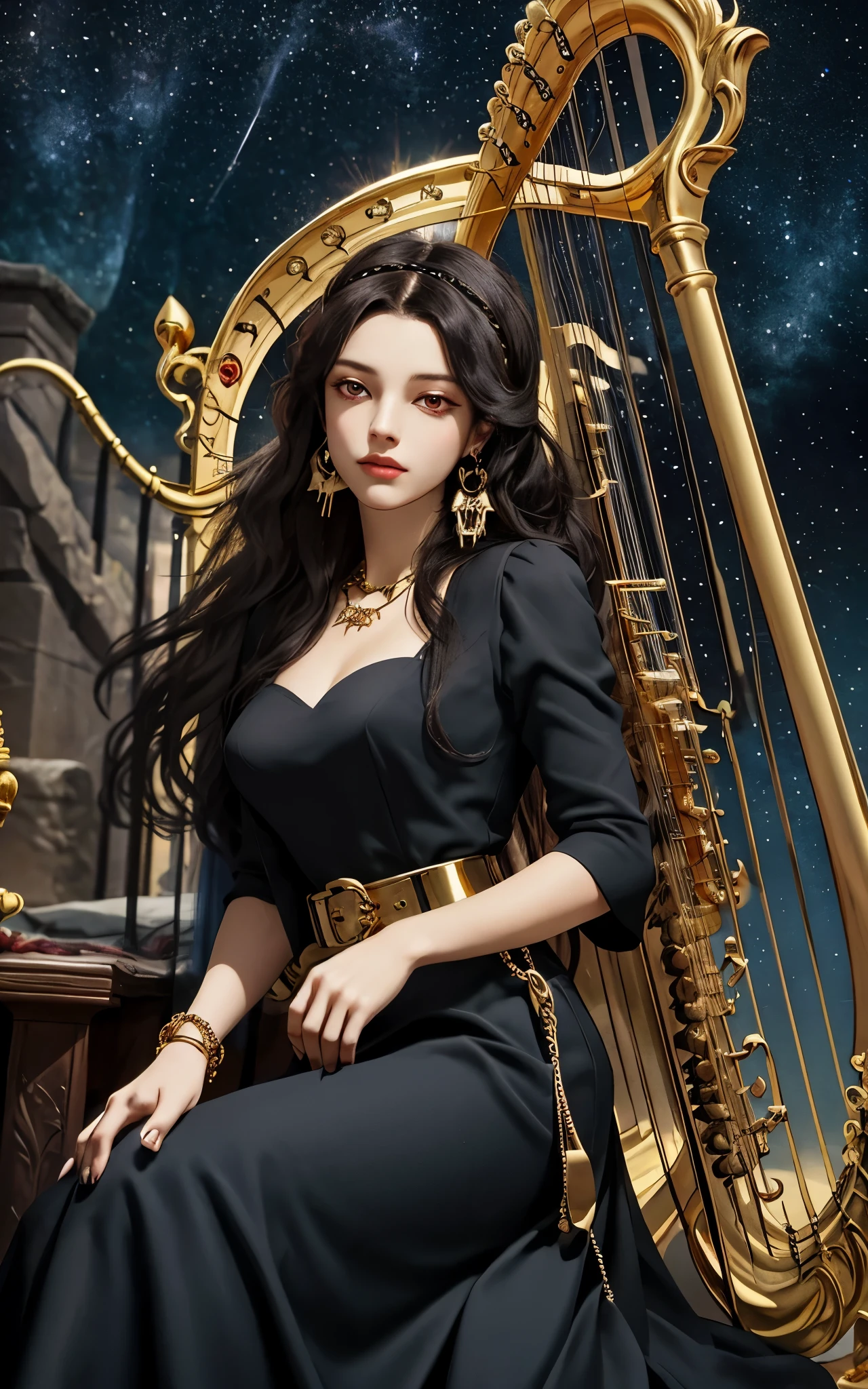 1 girl, solo, details, masterpiece, best quality, photorealistic realism, beautiful girl, long hair, black hair, skull headband, gold earrings, red eyes, beautiful face, skull necklace, perfect body, large breast, open chest, black long dress, skull bracelet, gold earrings, gold belt, musical instrument, harp, sit on ancient chair, dark sky, dark temple,
