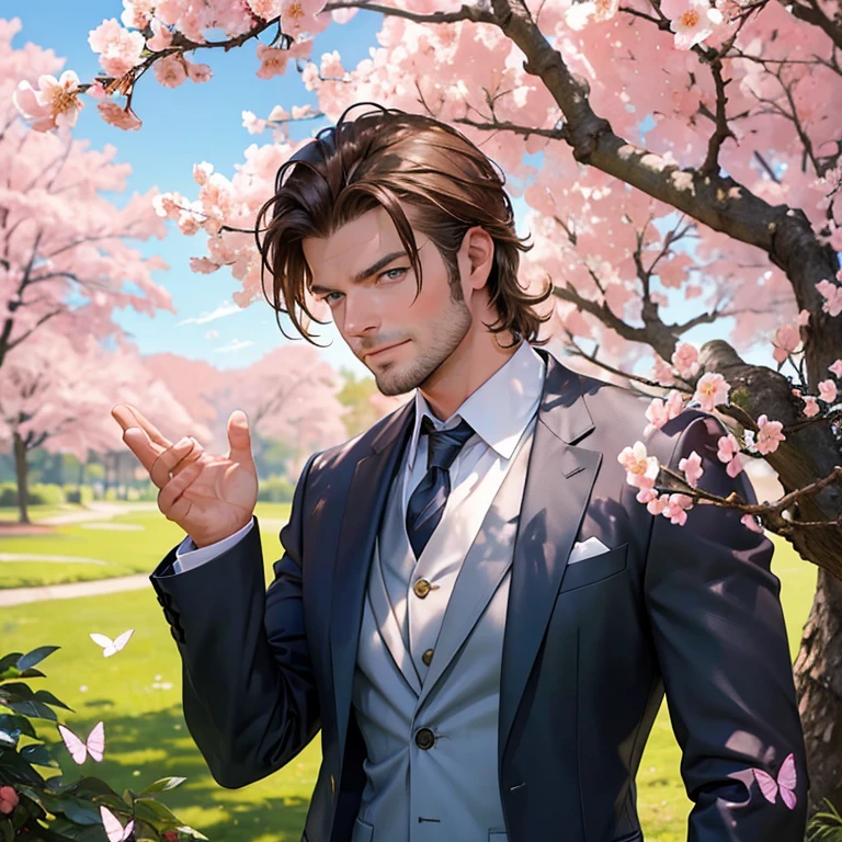 (best quality, vivid colors:1.2), Kivanç Tatlitug, hazel-eyed actor, handsome, with charming smile, in a vibrant garden, under the golden sunlight, wearing a stylish suit, leaning against a blooming cherry blossom tree, with gentle breeze blowing his hair, surrounded by colorful butterflies, exuding confidence and charisma. (photorealistic:1.37), (portrait, outdoors), (lush greenery, blossoming flowers), (warm and inviting color palette), (soft and natural lighting)