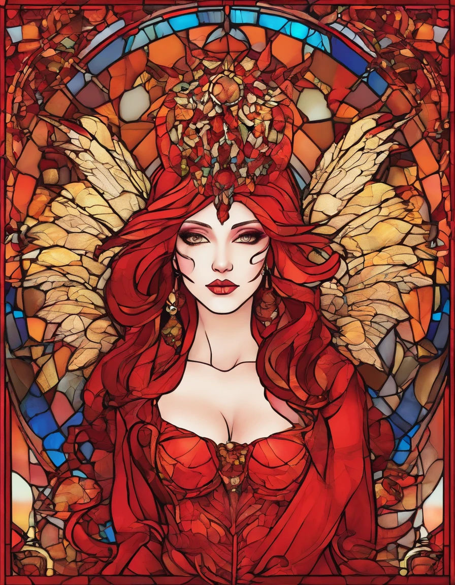 Red-skinned demoness, big boobs, big demon wings, Langes rotes Kleid, geilheit, Verlangen, Sex