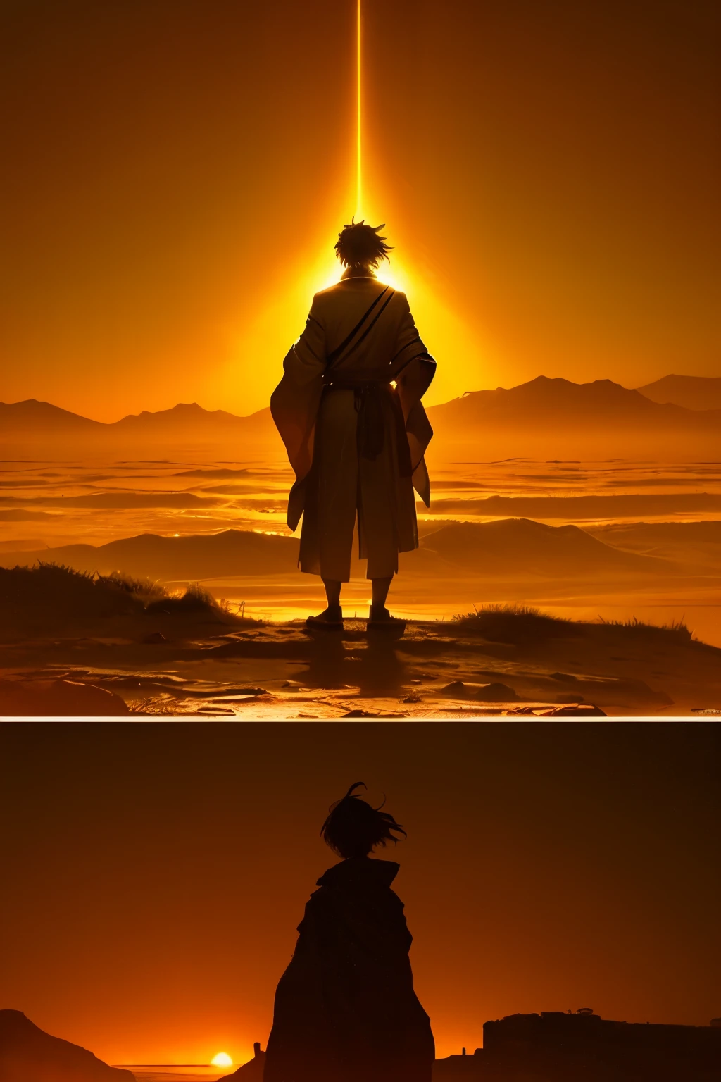 The Older Boy's Worldly Journey:

In the subsequent scene, the older boy has matured into a seasoned traveler. The landscape around the abyss has transformed into diverse settings, echoing the myriad experiences gained during his worldly exploration.

The young man, now adorned in garments that bear the cultural imprints of various civilizations, stands confidently at the edge of the abyss. His eyes, once wide with wonder, now carry the weight of acquired knowledge. In one hand, he holds a map that charts his extensive journey through different lands, each destination marked with symbols of wisdom and enlightenment.

Behind him, the horizon unfolds with scenes of bustling cities, serene landscapes, and ancient ruins. His path has been one of discovery, encountering diverse cultures, delving into ancient libraries, and seeking the guidance of scholars and sages. The image tells a tale of a relentless quest for knowledge, a journey that has transformed the curious boy into a well-traveled sage.

The older boy, having absorbed the collective wisdom of the world, prepares to return to the abyss from which he emerged. His purpose is clear — to apply the knowledge he has gained in an attempt to revive the God of Knowledge, the very essence that beckoned him from the depths of the abyss. The juxtaposition of the wide-eyed boy and the seasoned traveler marks a transformative odyssey, a testament to the boy's evolution from a seeker of wonders to a custodian of profound wisdom.

