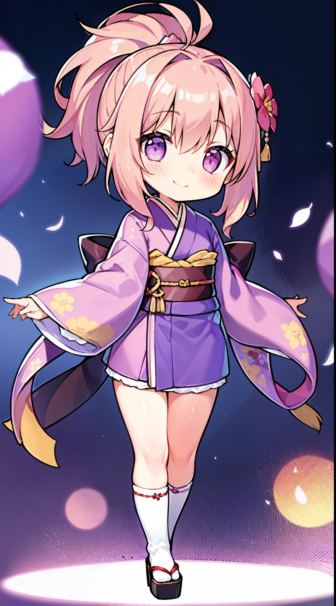 1girl, solo, long hair, looking at viewer, blush, smile, bangs, hair ornament, long sleeves, closed mouth, standing, full body, ponytail, flower, japanese clothes, hair flower, wide sleeves, kimono, chibi, blurry, sash, depth of field, blurry background, obi, antenna hair, high ponytail, pink flower, purple flower, purple kimono, zouri,