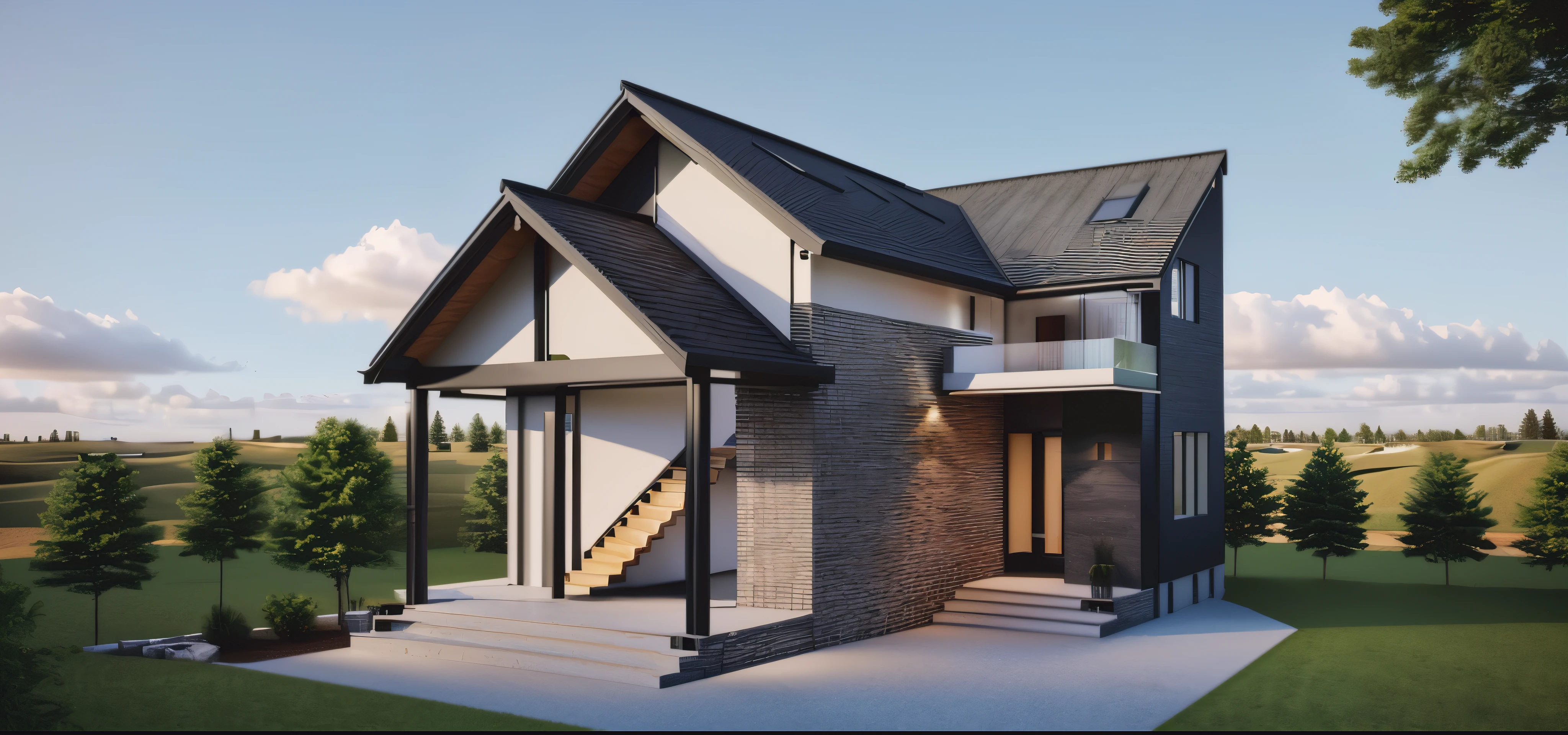 a rendering of a house with a staircase and a red roof, passive house, vue 3d render, complete house, front-view, sketch - up, 3 / 4 view, 3/4 view, render 3 d, concept house, comprehensive 2 d render, detail render, simple gable roofs, 3d rendering, 3 d rendering, detailed rendering