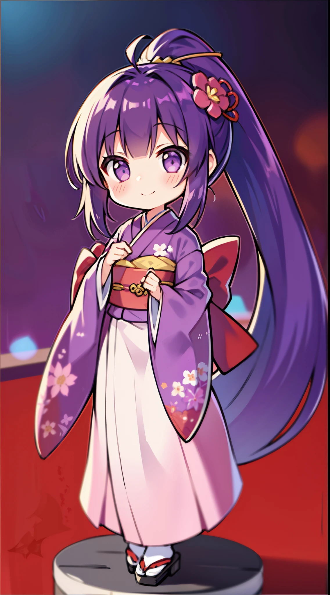 1girl, solo, long hair, looking at viewer, blush, smile, bangs, hair ornament, long sleeves, closed mouth, standing, full body, ponytail, flower, japanese clothes, hair flower, wide sleeves, kimono, chibi, blurry, sash, depth of field, blurry background, obi, antenna hair, high ponytail, pink flower, purple flower, purple kimono, zouri,