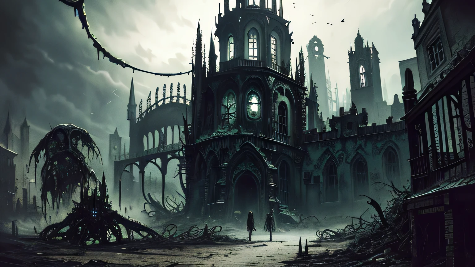 Hopeless biopunk art with tentacles, ((dark tentacle biopunk horror art)), ruined medieval gothic city, low single houses, broken entrance gate, Dark lighting, black liquids, very detailed art, very detailed background, Background Zdzislawa Beksinski