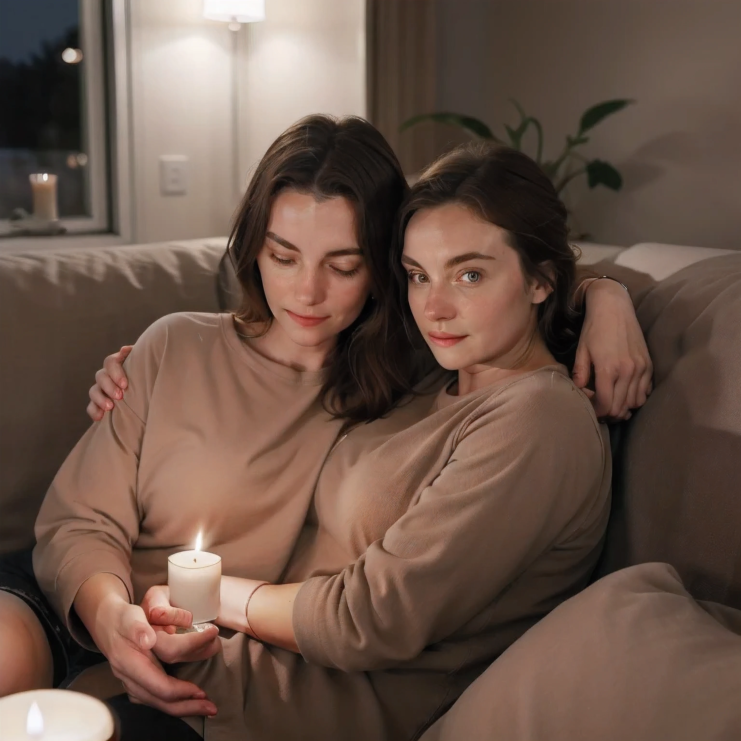 2 different girls cuddling with each other on a couch while having their clothes on at night. realistic candle light, candles, photorealistic 1.4, nice 1.4, at night, rembrand light