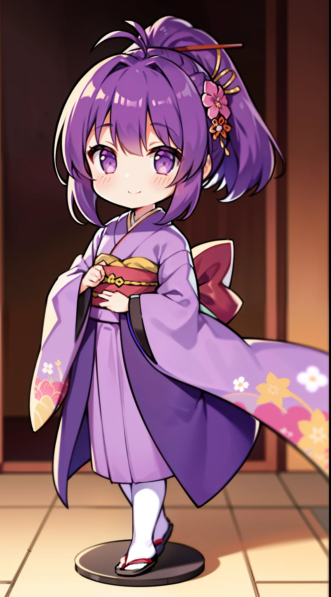 1girl, solo, long hair, looking at viewer, blush, smile, bangs, hair ornament, long sleeves, closed mouth, standing, full body, ponytail, flower, japanese clothes, hair flower, wide sleeves, kimono, chibi, blurry, sash, depth of field, blurry background, obi, antenna hair, high ponytail, pink flower, purple flower, purple kimono, zouri,