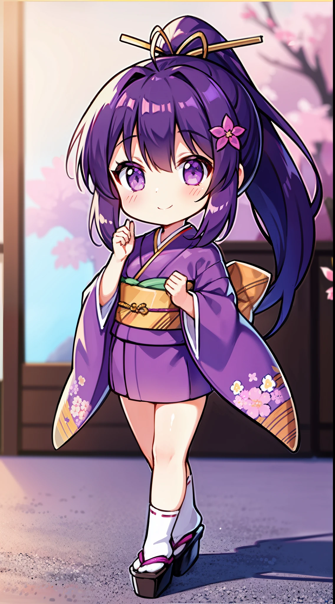 1girl, solo, long hair, looking at viewer, blush, smile, bangs, hair ornament, long sleeves, closed mouth, standing, full body, ponytail, flower, japanese clothes, hair flower, wide sleeves, kimono, chibi, blurry, sash, depth of field, blurry background, obi, antenna hair, high ponytail, pink flower, purple flower, purple kimono, zouri,