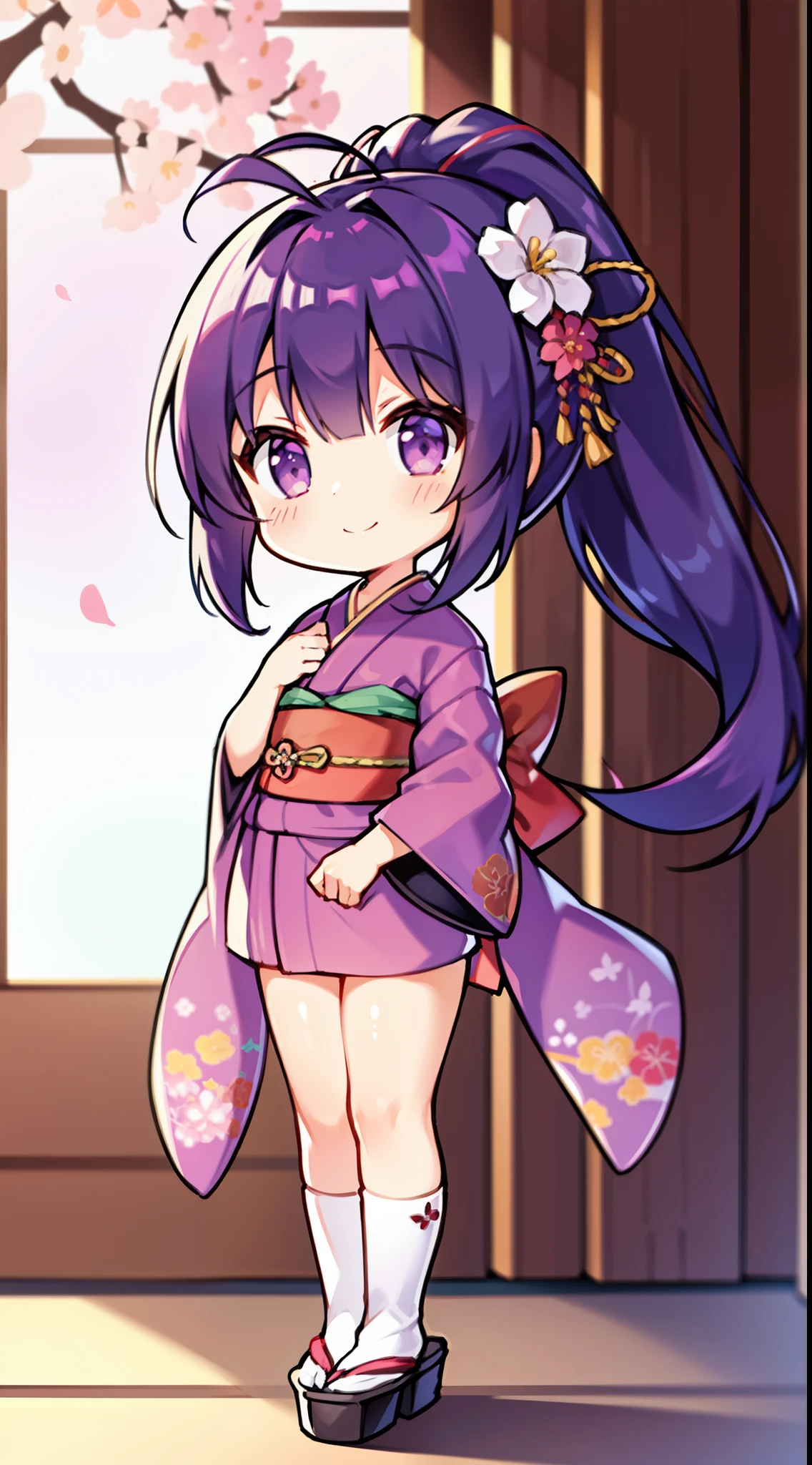 1girl, solo, long hair, looking at viewer, blush, smile, bangs, hair ornament, long sleeves, closed mouth, standing, full body, ponytail, flower, japanese clothes, hair flower, wide sleeves, kimono, chibi, blurry, sash, depth of field, blurry background, obi, antenna hair, high ponytail, pink flower, purple flower, purple kimono, zouri,