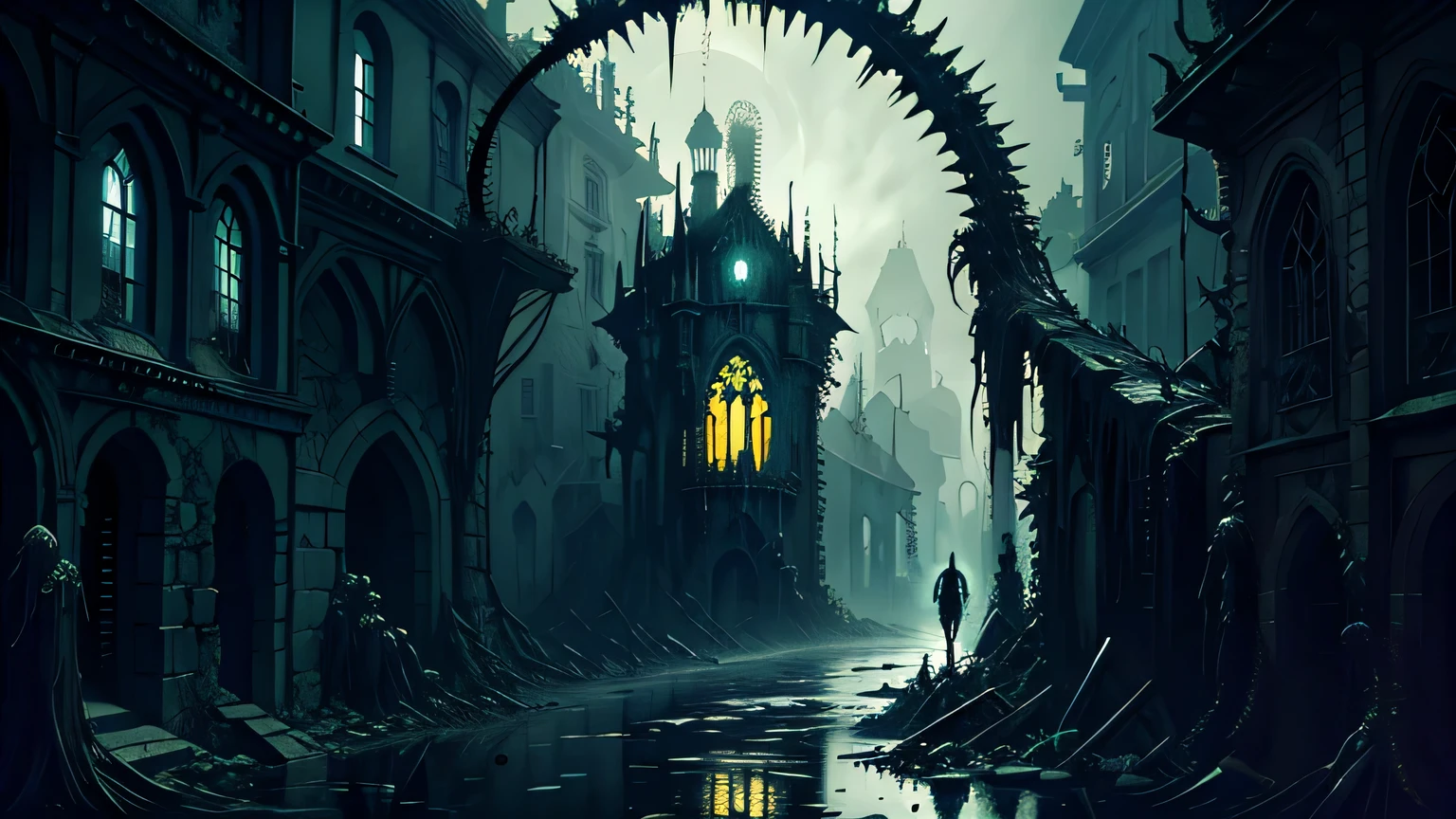 Hopeless biopunk art with tentacles, ((dark tentacle biopunk horror art)), ruined medieval gothic city, low single houses, broken entrance gate, Dark lighting, black liquids, very detailed art, very detailed background, Background Zdzislawa Beksinski