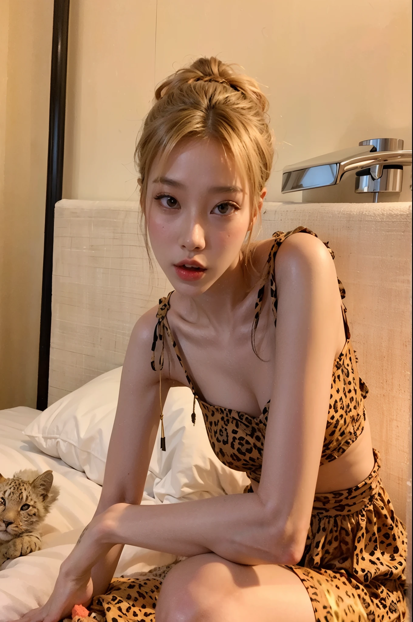 there is a woman sitting on a bed with a leopard print dress, korean girl, gorgeous young korean woman, roseanne park of blackpink, beautiful south korean woman, good young girl, 18 years old, beautiful young korean woman, she is about 2 0 years old, 2 2 years old, she is about 20 years old, young and cute girl