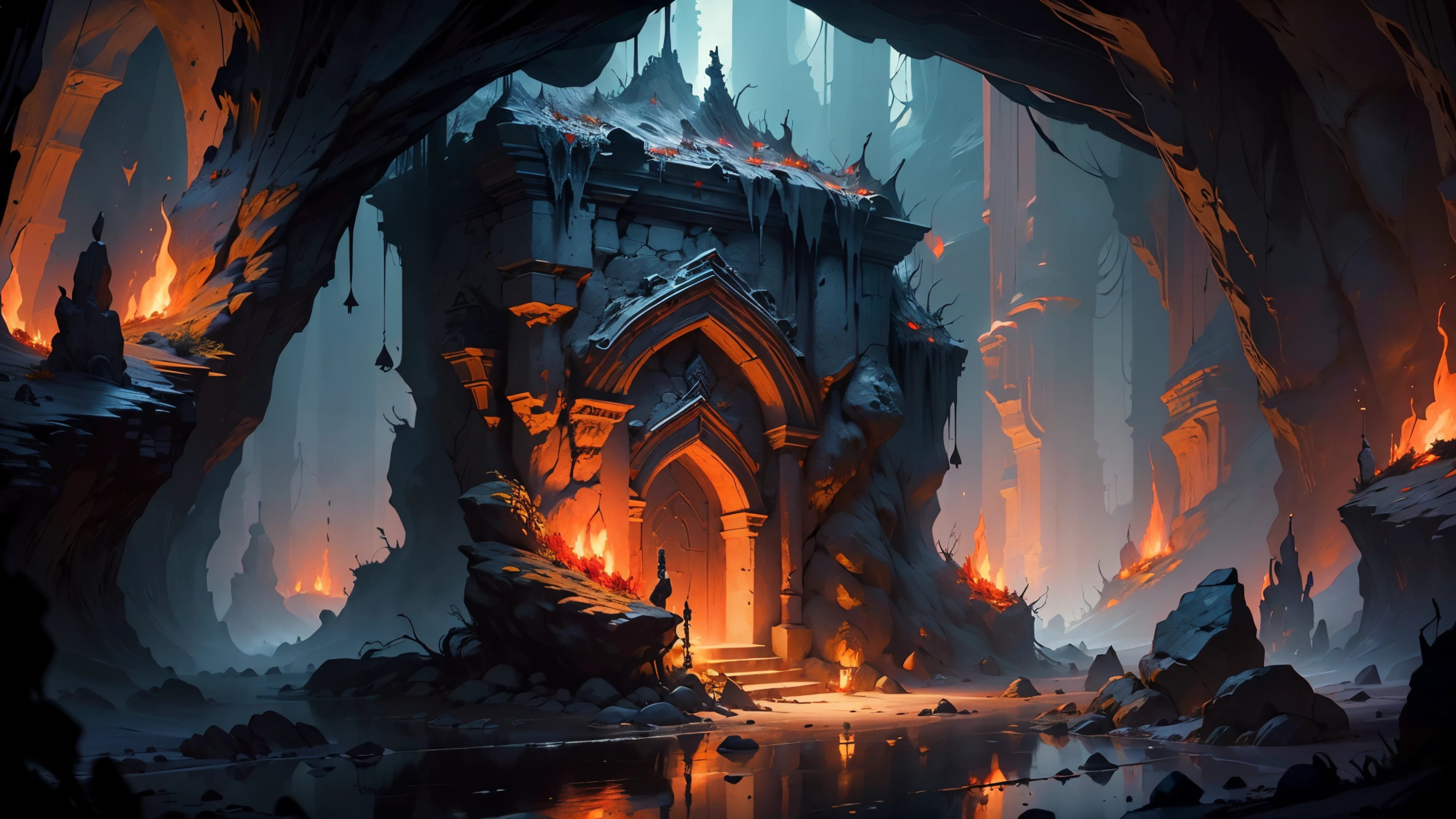 (masterpiece:1.4), extreamly detailed, perfect quality, dark fantasy, grim fantasy, dark wide cave closed, low loght, dark, lightless, bonfire in the center, fire burst, red fire, stalagmites in the cave, sad atmosphere, burnt cave walls, melted stone walls