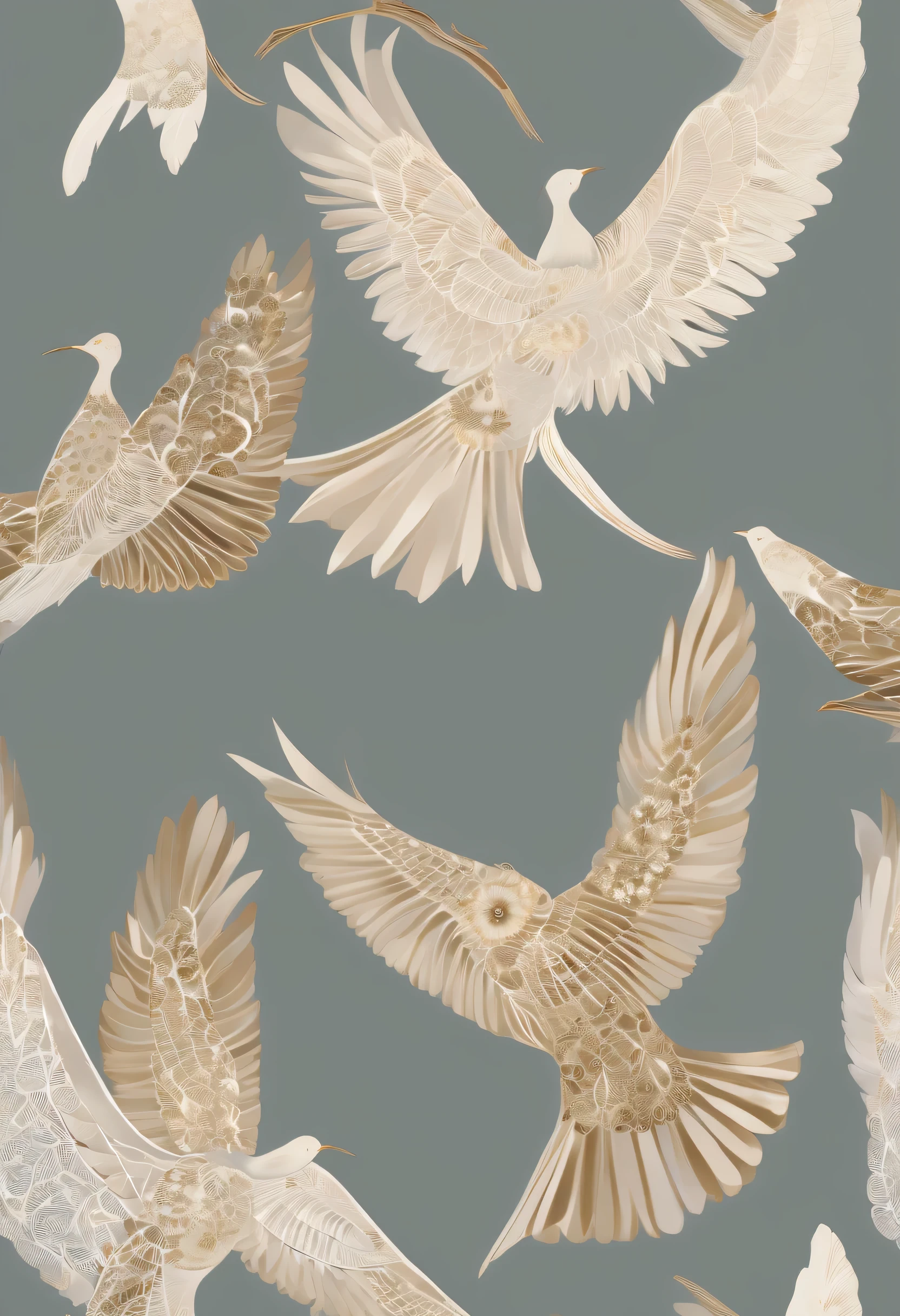 The birds are depicted in elegant, Poses majestosas, capturing the grace and freedom they symbolize. The print is a harmonious fusion of intricate patterns that reflect the diversity of wild birds. As curvas suaves das asas, the delicate lines of the feathers and the smallest details create a visually striking composition.