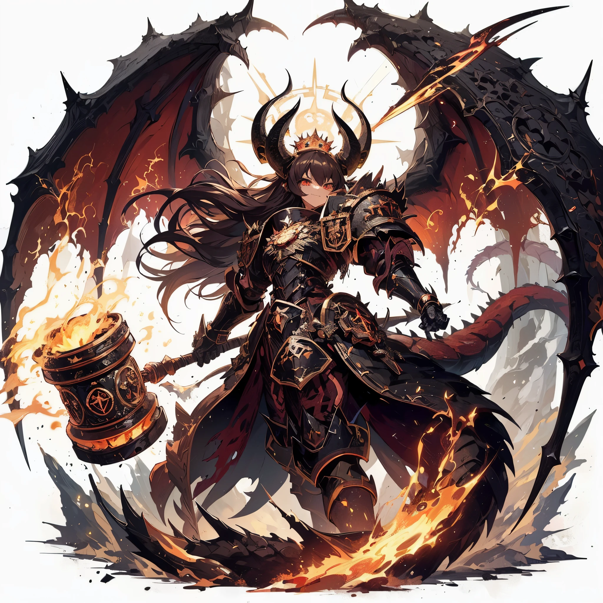 Masterpiece, best quality, ultra-detailed, anime style, full body of DRACONIC Demon girl, black dragon scale power armor, war hammer 40K, head on burning flame crown, brown skin, and a huge hammer, supernatural Lightning and flame, ((Eight-pointed star symbol)), 8k high resolution, trending art station, white background, whole body, wry smile