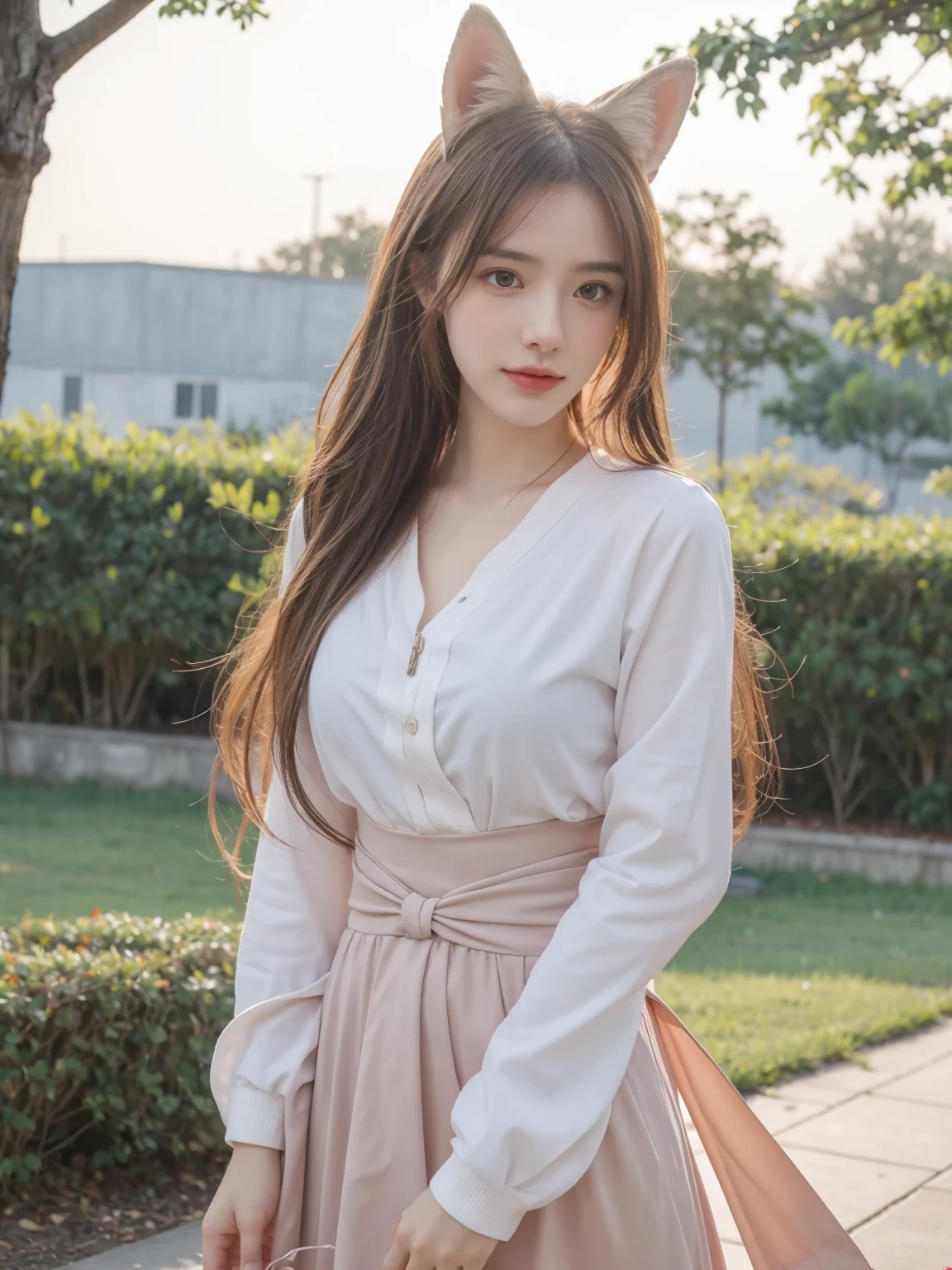 (8k, RAW photos, best quality, tmasterpiece:1.5), (realistic, photograph realistic:1.5), Nine snow-white fox tails (1.0), Milky white fox tail (1.0), Close-up of the nine-tailed fox, Nine tails, Nine tails, animemanga girl,A pink-haired,pinkdress,There are flowers on the hair, very Beautiful anime fox girl, Beautiful anime fox girl, Beautiful fantasy anime, guweiz, 狐狸耳朵的animemanga girl, 美丽的animemanga girl, Very beautiful and cute fox girl, pink flower rain, The background is blurred out, Anime style 4k, Anime fantasy artwork, 4k anime wallpapers, Gouves style artwork
