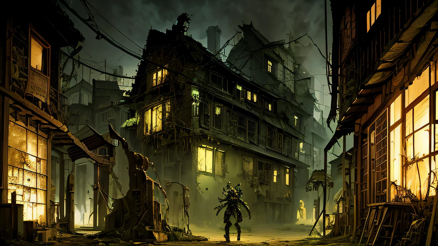 Hopeless biopunk art with tentacles, ((dark tentacle biopunk horror art)), ruined medieval port trading city, ruined chinese city, low single houses, broken entrance gate, Dark lighting, black liquids, very detailed art, very detailed background, Background Zdzislawa Beksinski
