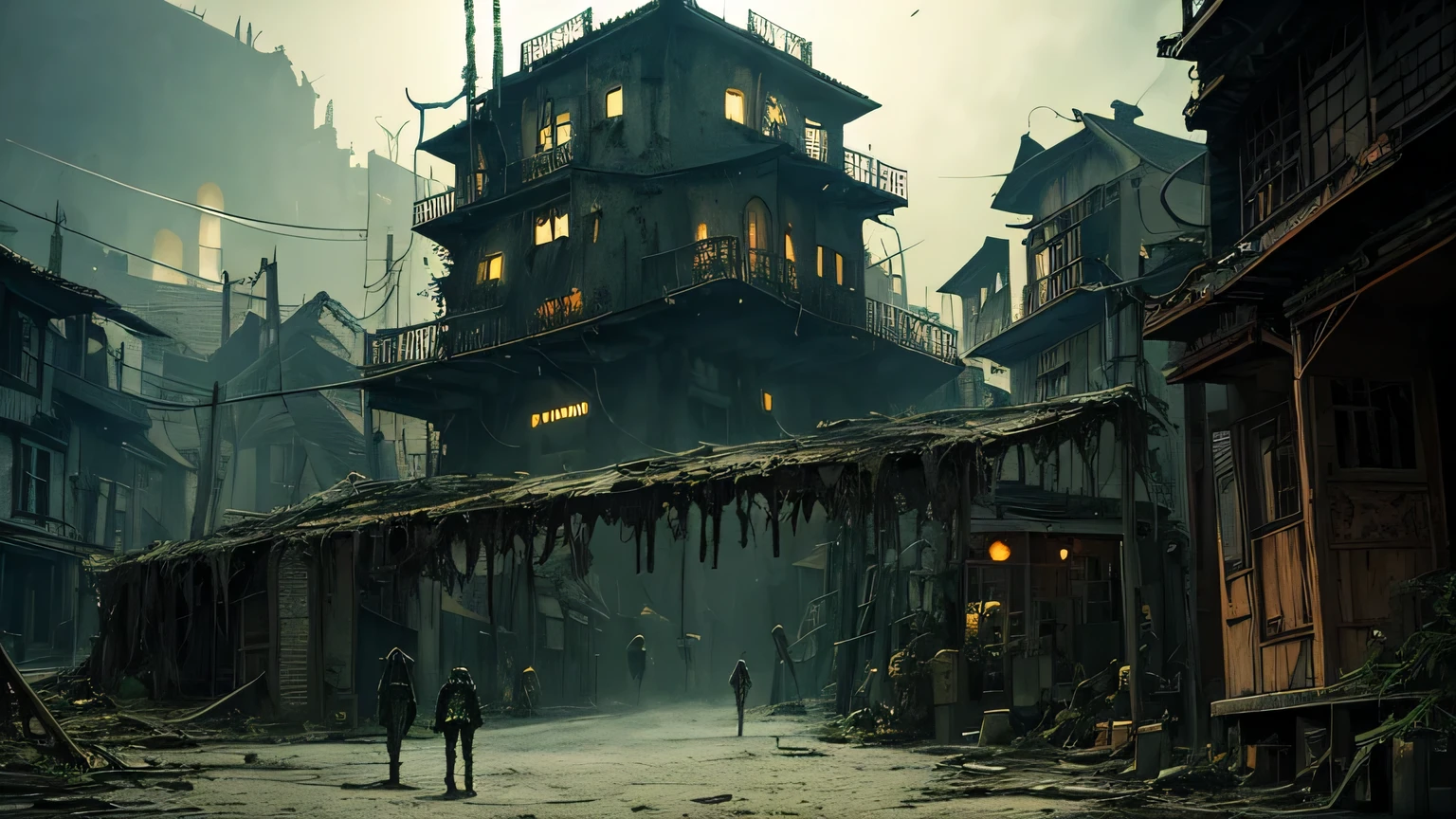 Hopeless biopunk art with tentacles, ((dark tentacle biopunk horror art)), ruined medieval port trading city, ruined chinese city, low single houses, broken entrance gate, Dark lighting, black liquids, very detailed art, very detailed background, Background Zdzislawa Beksinski