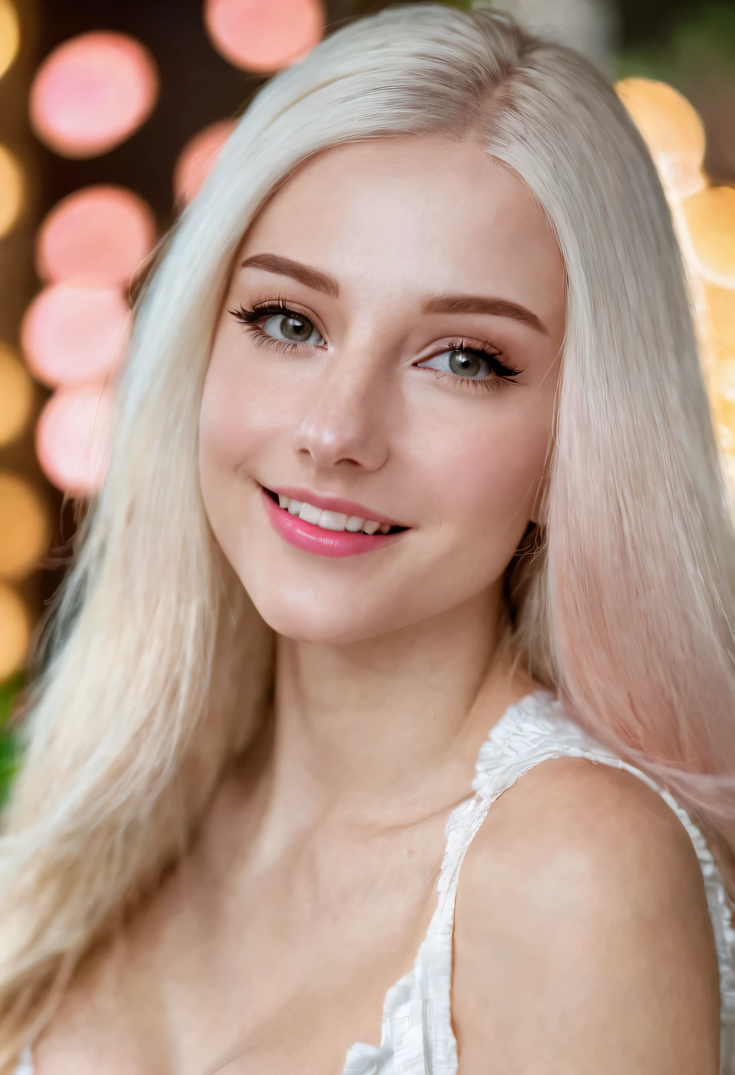 LiluCinnamon, long hair, smile, blonde hair, closed mouth, white hair, blurry, looking to the side, eyelashes, depth of field, blurry background, looking away, portrait, pink lips, realistic