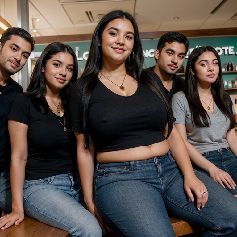Chubby fat nerdy latina young woman (20 years old), chubby belly, long straight black hair, wearing black shirt and blue jeans, Golden necklace,sitting in sofá, with several tall men, 4 men, in Starbucks, smiley expression