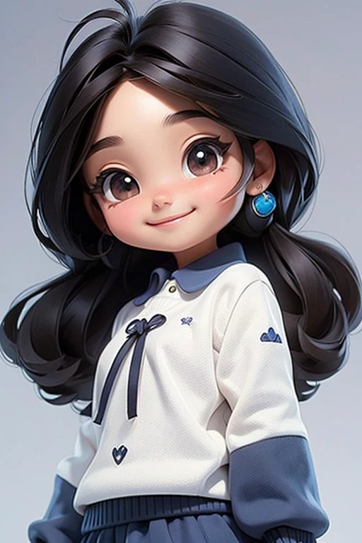 masterpiece, best quality, a cute chibi loli mexican girl smiling, ((brunette)), black hair, (blue) uniform sweater, white shirt, white hair accesory