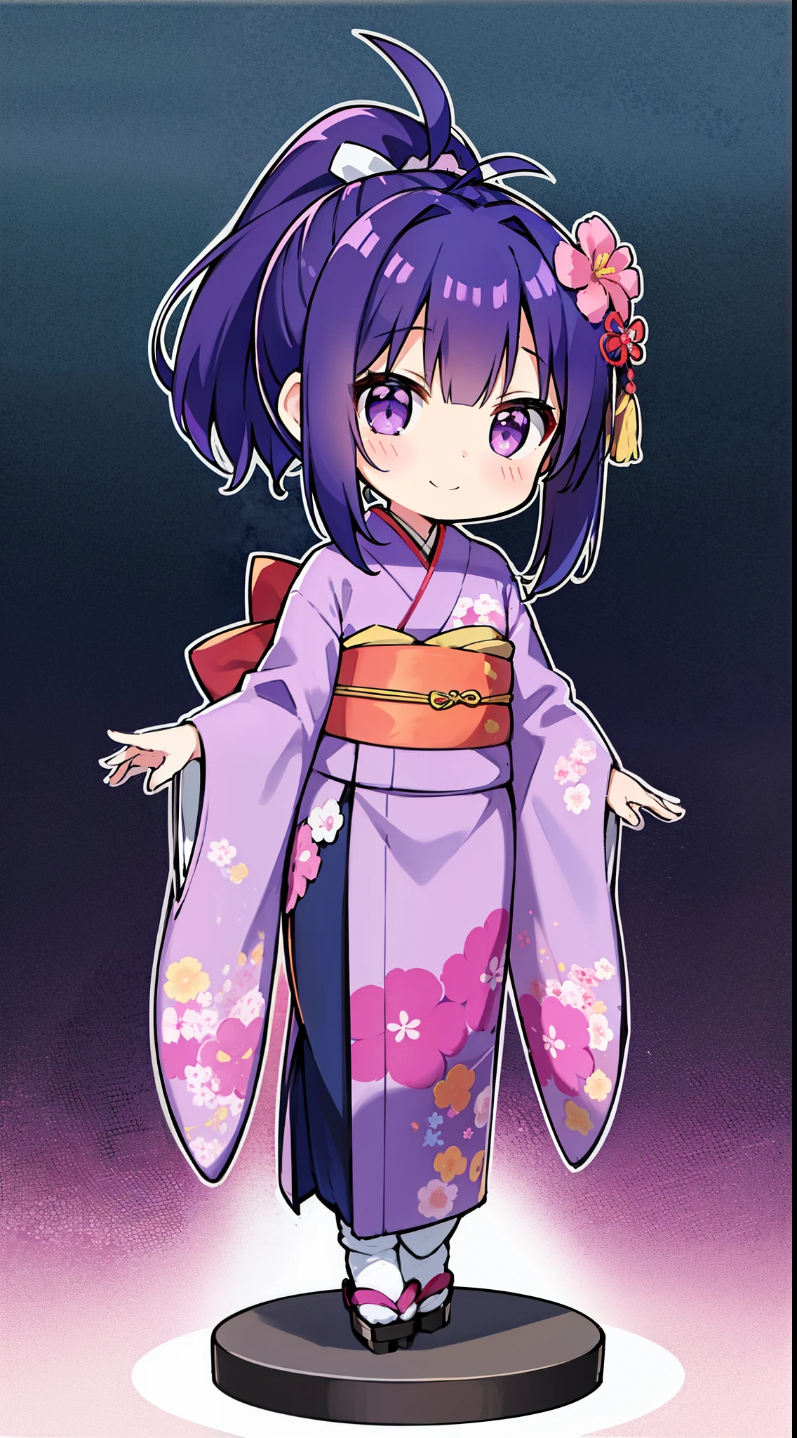 1girl, solo, long hair, looking at viewer, blush, smile, bangs, hair ornament, long sleeves, closed mouth, standing, full body, ponytail, flower, japanese clothes, hair flower, wide sleeves, kimono, chibi, blurry, sash, depth of field, blurry background, obi, antenna hair, high ponytail, pink flower, purple flower, purple kimono, zouri,
