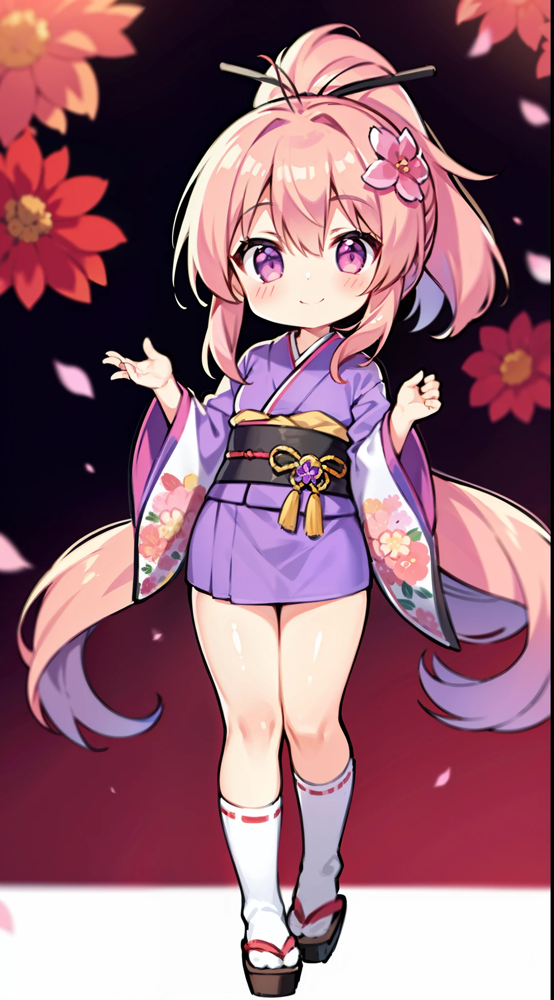 1girl, solo, long hair, looking at viewer, blush, smile, bangs, hair ornament, long sleeves, closed mouth, standing, full body, ponytail, flower, japanese clothes, hair flower, wide sleeves, kimono, chibi, blurry, sash, depth of field, blurry background, obi, antenna hair, high ponytail, pink flower, purple flower, purple kimono, zouri,