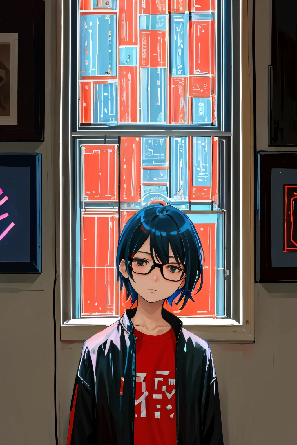 In the contemporary art gallery, where the boundaries between reality and illusion merge, Tatsuo Miyajima's artworks come alive with LED numbers. The softly lit space is filled with a sense of wonder as the numbers dance on the surfaces of the paintings, their neon light reflecting off the polished glass cases of photo-realistic art pieces.
Amidst this surreal scene, a boy in his early twenties, with niji (two-toned) colored hair, stands transfixed before one of the vibrant canvases. He wears glasses, the frames glinting under the gallery lights, and his upper body is leaning slightly forward as he gazes intently at the art.