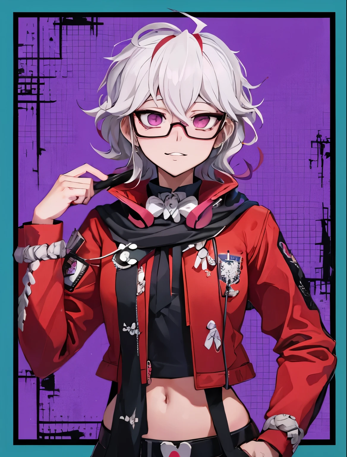 a woman in a red jacket and glasses in front of a purple background, Nagito Komaeda, Hajime Yatate, arte principal do anime, estilo anime 2d, acionar estilo de arte de anime, estilo de arte anime moe, Nagito Komaeda from danganronpa, retrato gapmoe yandere sombrio, arte de ryuta ueda