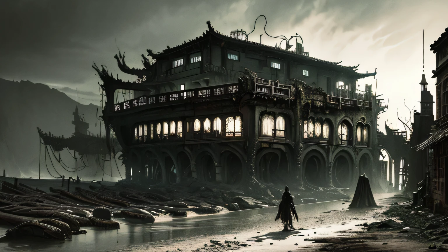 Hopeless biopunk art with tentacles, ((dark tentacle biopunk horror art)), ruined medieval port trading city, ruined medieval Chinese city, (port with access to the ocean), broken entrance gate, Dark lighting, black liquids, very detailed art, very detailed background, Background Zdzislawa Beksinski