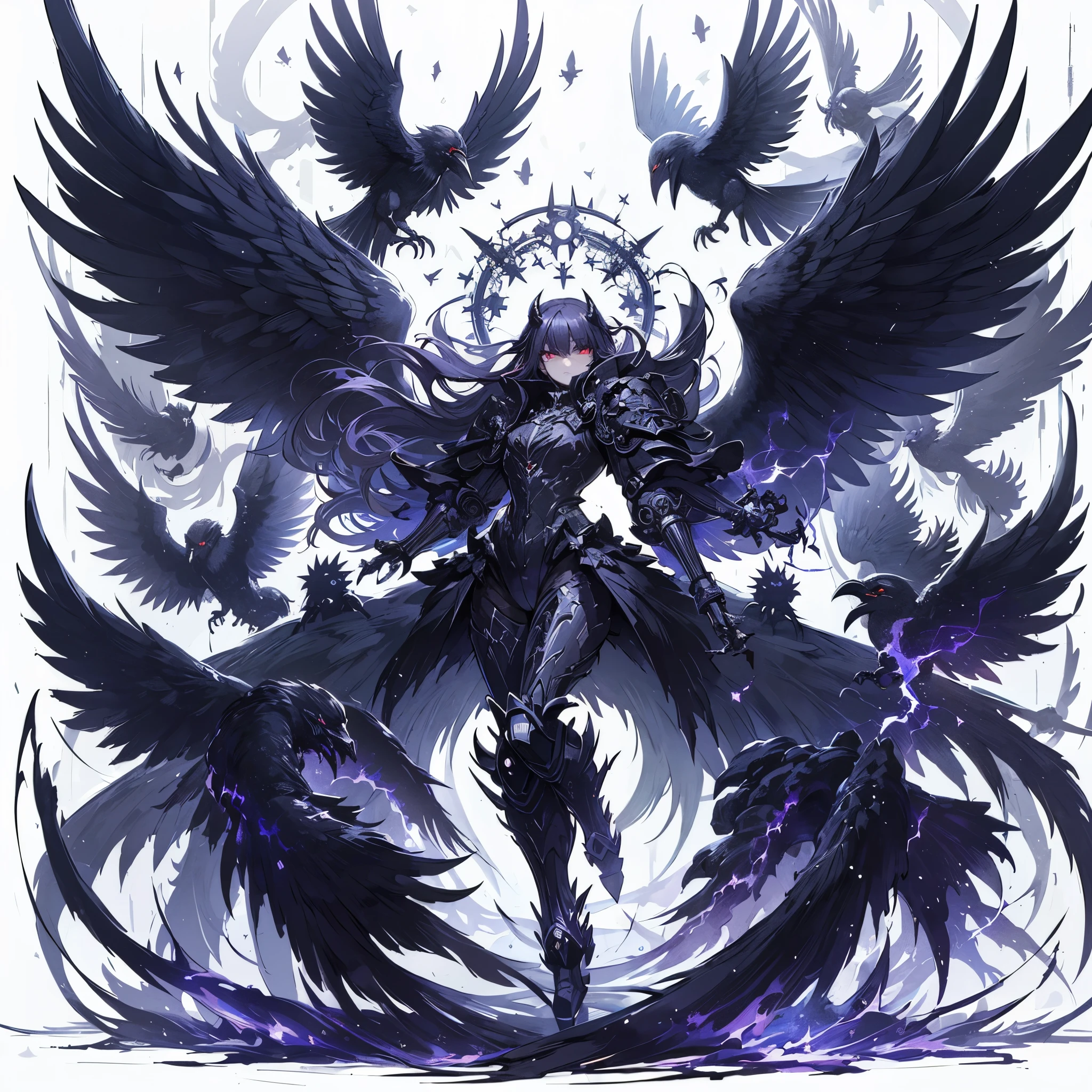 Masterpiece, best quality, ultra-detailed, anime style, full body of raven Demon girl, A group of crows made up of shadows form, jet black power armor, Warhammer 40K, Huge wings, dancing shadow claws, supernatural Lightning and flame, ((Eight-pointed star symbol)), 8k high resolution, trending art station, white background, whole body,
