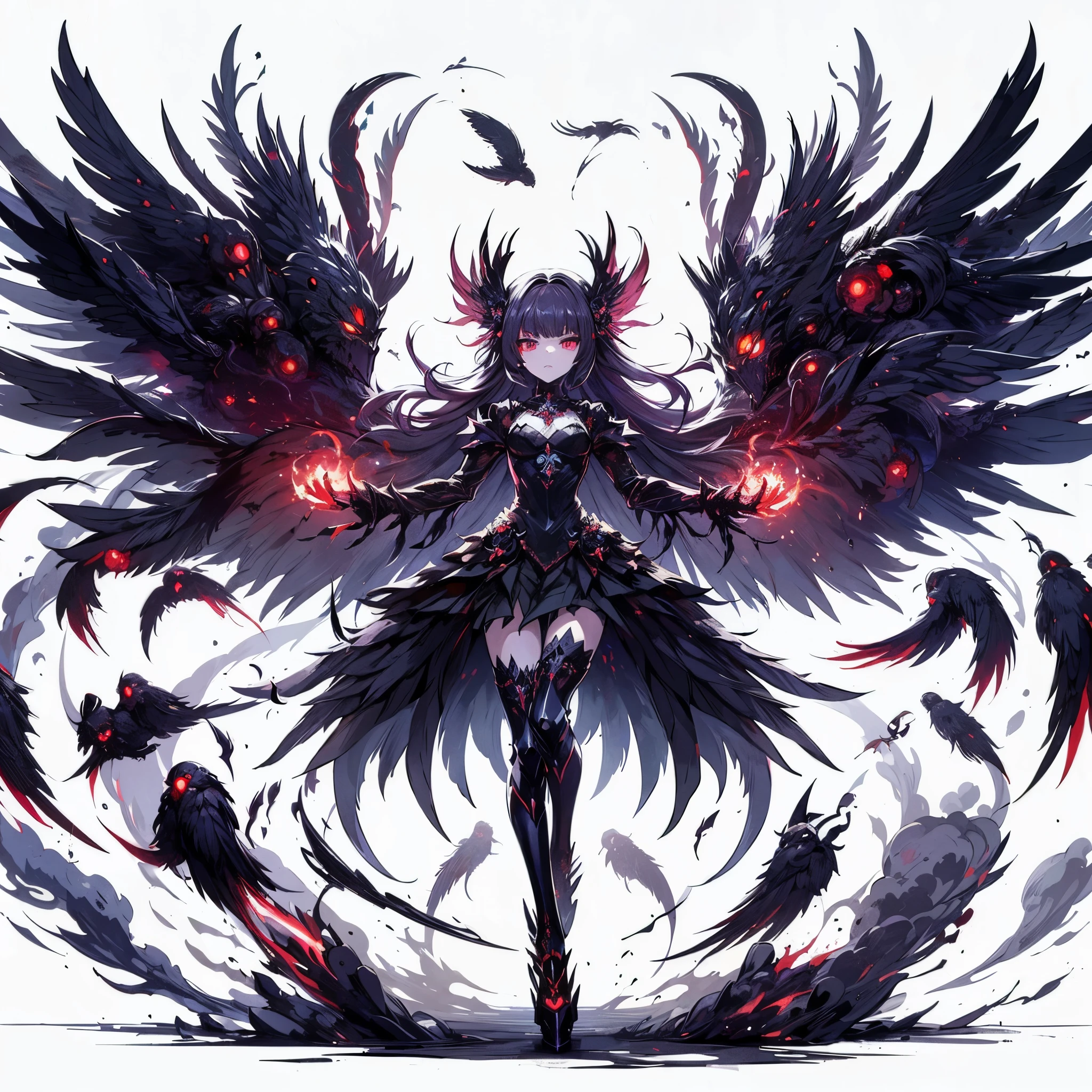 Masterpiece, best quality, ultra-detailed, anime style, full body of raven Demon girl, like smoke and shadow given form, Huge wings, dancing raven feathers, numerous red glowing eyes, jet black power armor, warhammer 40K, shadow claws, supernatural Lightning and flame, ((Eight-pointed star symbol)), 8k high resolution, trending art station, white background, whole body,
